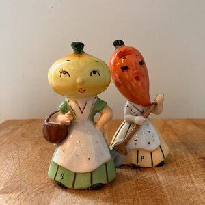1950's Napco Anthropomorphic Onion and Carrot Farm Girls Salt and Pepper Shakers